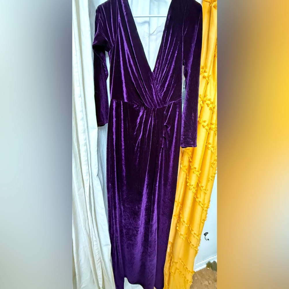 Long Sleeve Plunging Mesh Neckline/Back Violet Velour Formal Dress